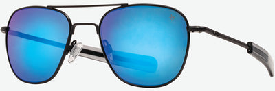 American Optical Original Pilot Sunglasses - Black Frame with Blue Mirror Glass - Bayonet Temple