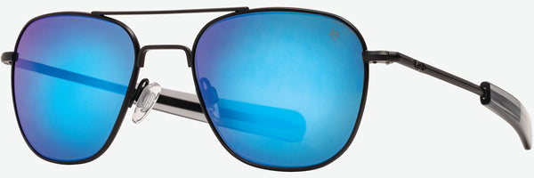 American Optical Original Pilot Sunglasses - Black Frame with Blue Mirror Glass - Bayonet Temple